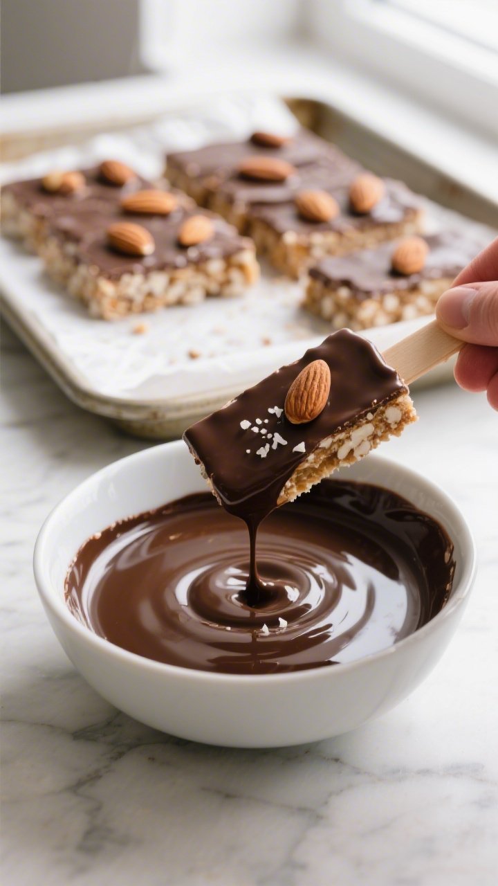 Cooking process shot: Close-up of freshly sliced High Protein Almond Joy Bars being dipped bottom-fi