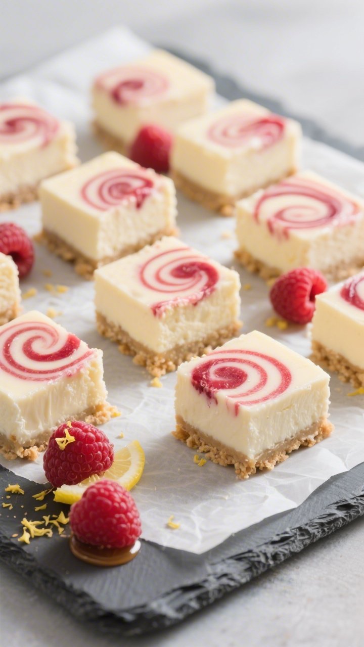 Final dish – clean bite-sized squares: Close-up of neatly sliced raspberry-swirled cheesecake bite
