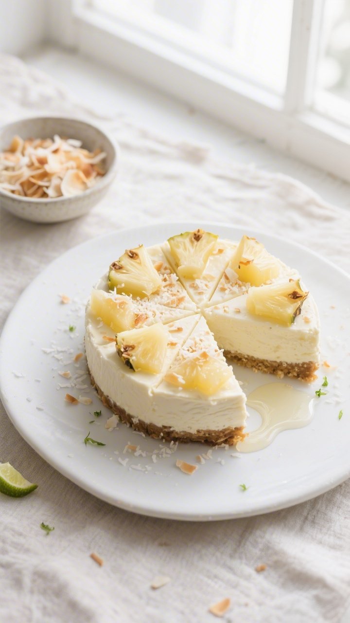 Final dish overhead: Chilled Low-Calorie Pineapple Coconut Cheesecake sliced cleanly into neat wedge
