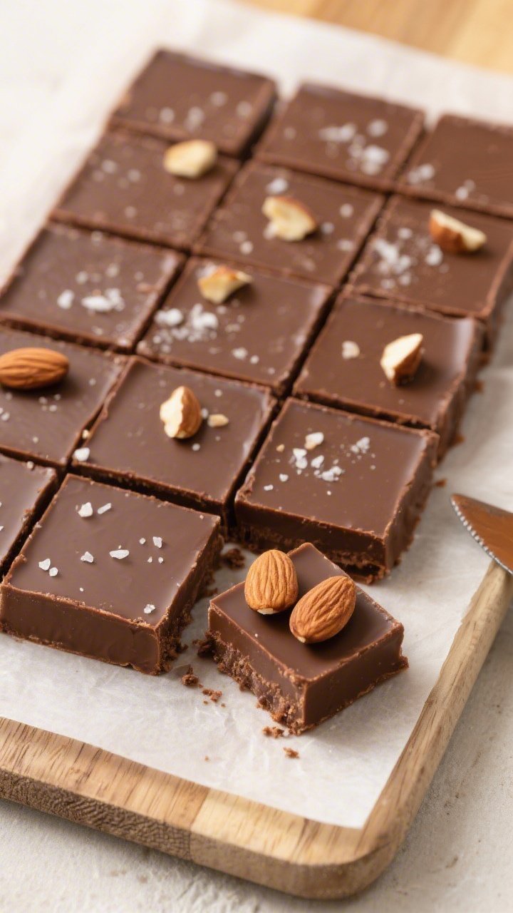 Final dish overhead: Neat squares of chocolate protein fudge set and sliced, arranged in a tight gri