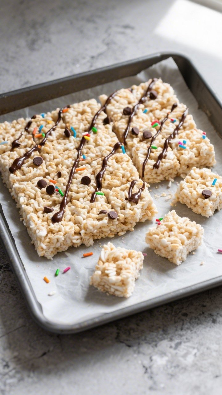Final dish overhead: Protein Marshmallow Rice Krispie Treats pressed in a 9x9 pan and sliced into ne