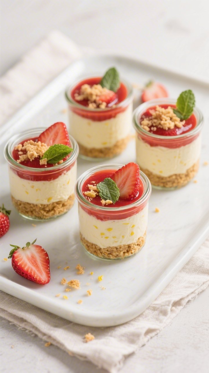 Final dish overhead: Tasty of Strawberry Protein Cheesecake Jars fully assembled—neat layers of go