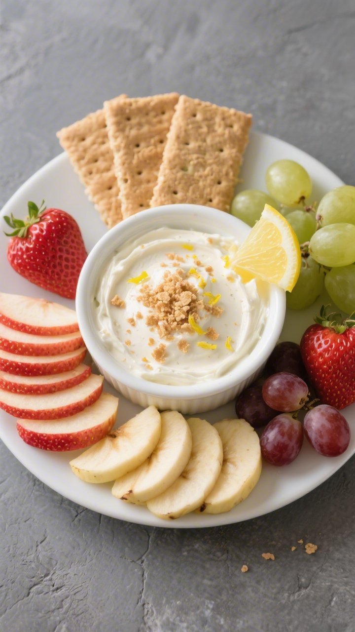 Final dish overhead: Tasty of the finished Low-Calorie Cheesecake Dip served in a white, shallow cer