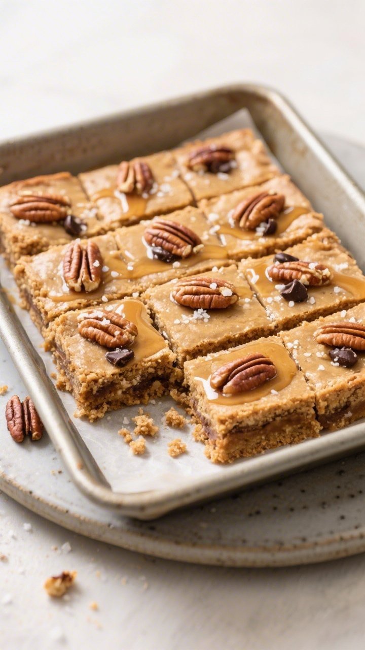 Final dish overhead: Top-down shot of freshly baked High Protein Maple Pecan Blondies lifted from th