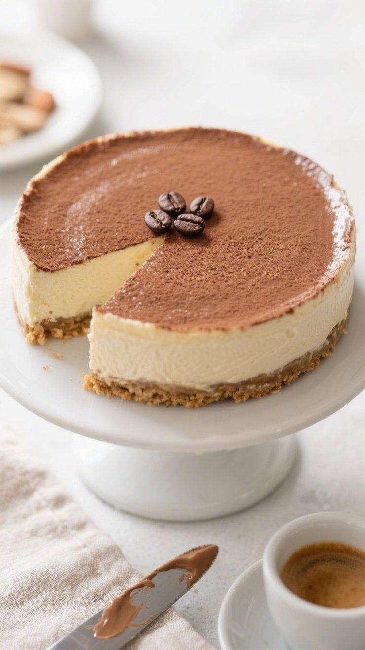 Final dish, overhead top view: Fully chilled Low-Calorie Vanilla Latte Cheesecake on a matte white c