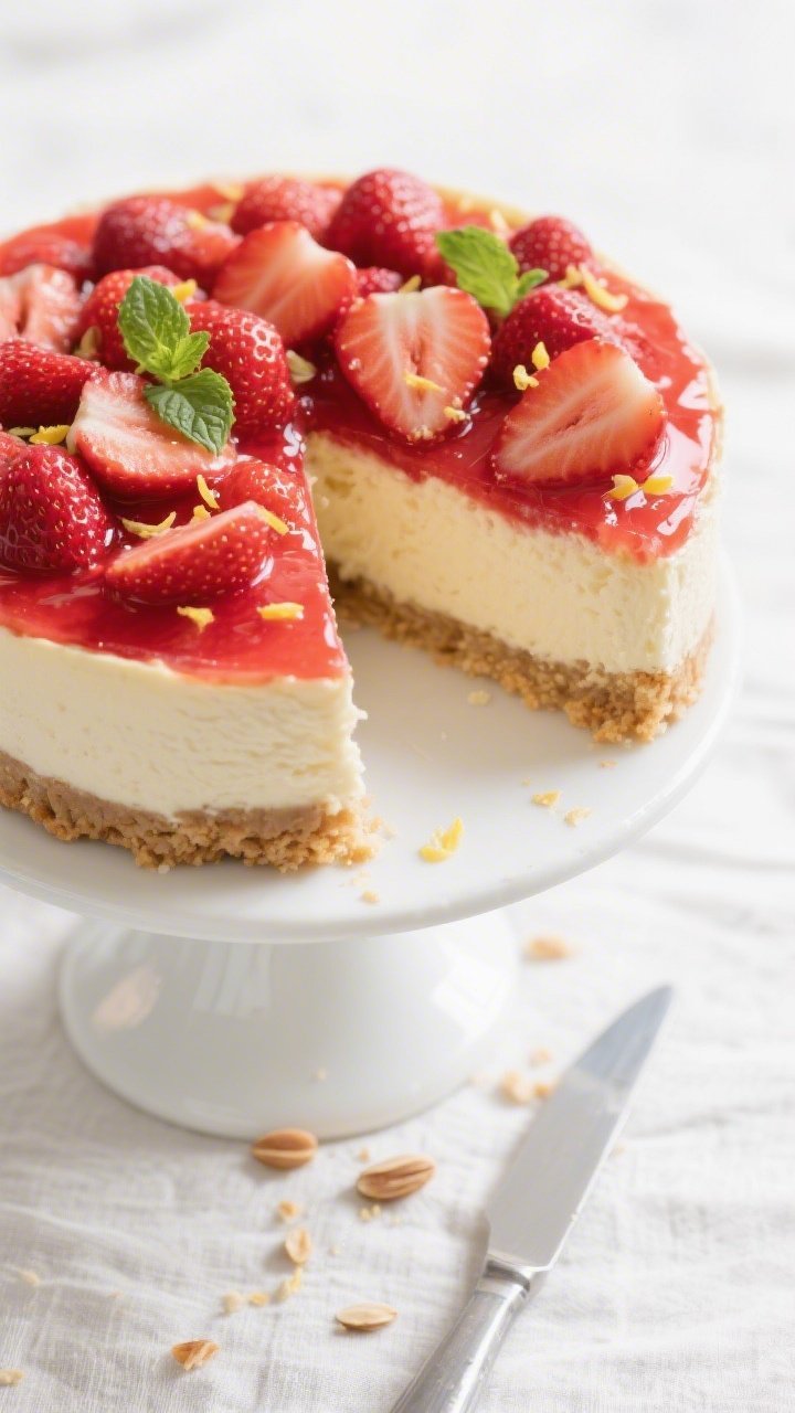 Final dish, tasty top view: Overhead shot of a chilled, cleanly sliced low-calorie strawberry cheese