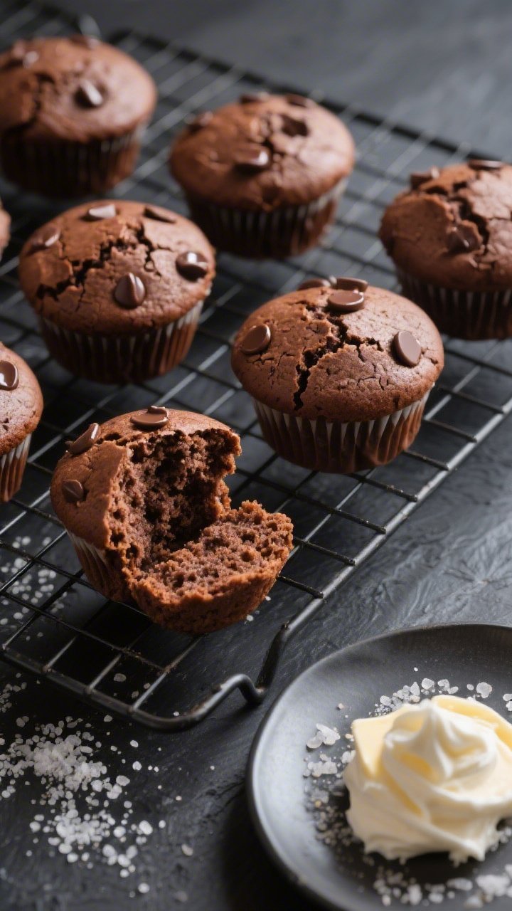 Final dish, tasty top view: Overhead shot of a cooling rack with freshly baked keto chocolate muffin