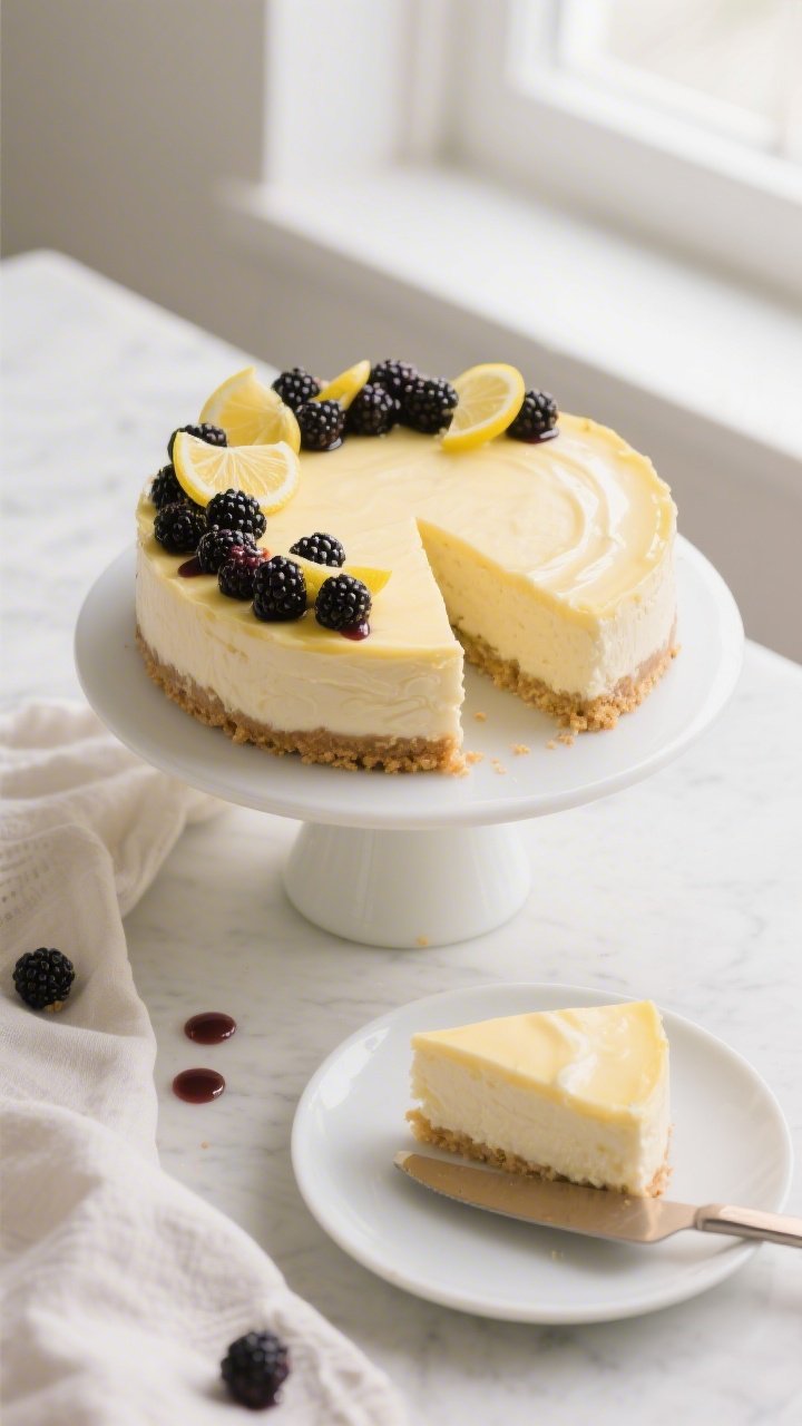 Final dish, tasty top view: Overhead shot of a fully chilled Low-Calorie Blackberry Lemon Cheesecake
