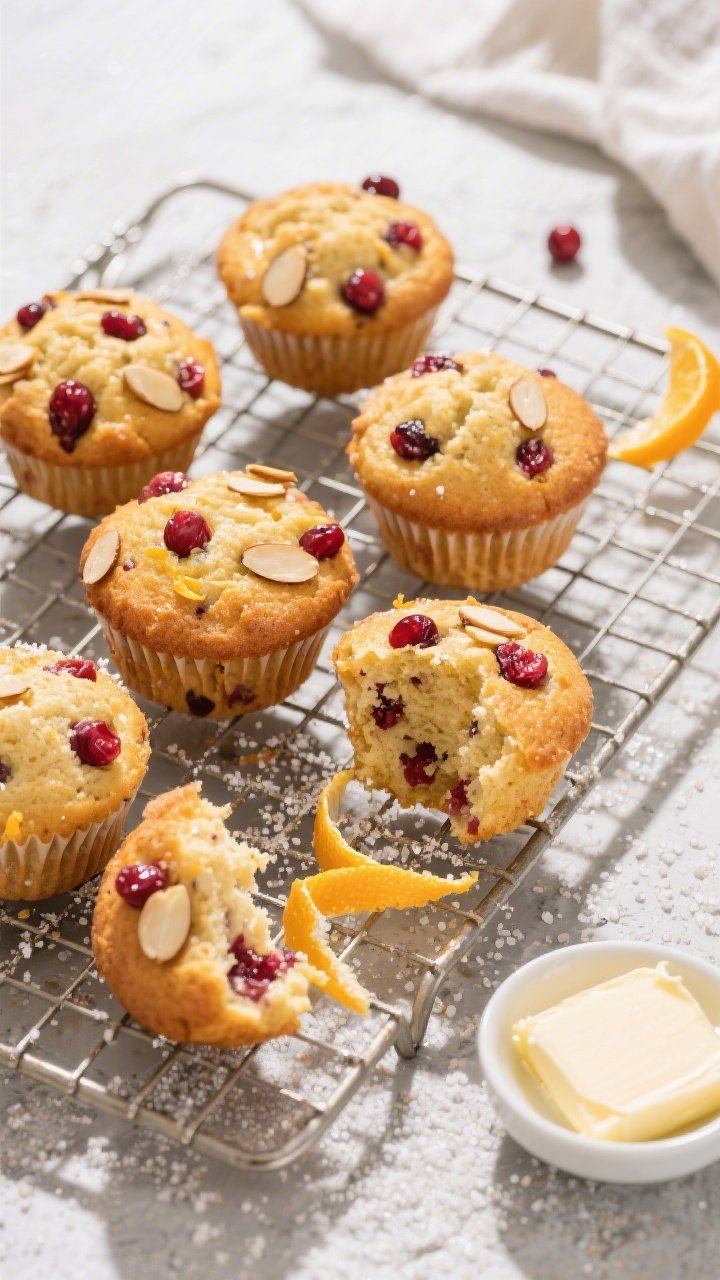 Final dish, tasty top view: Overhead shot of a wire rack with freshly baked keto cranberry orange mu