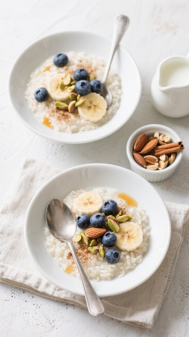 Final dish, tasty top view: Overhead shot of chilled Vanilla Protein Rice Pudding spooned into two w