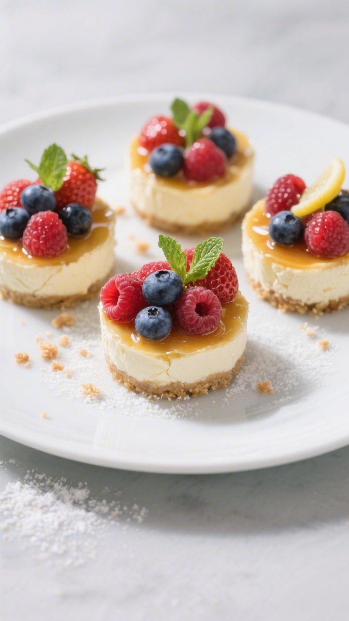 Final dish, tasty top view: Overhead shot of chilled Low-Calorie Berry Cheesecake Cups plated on a m