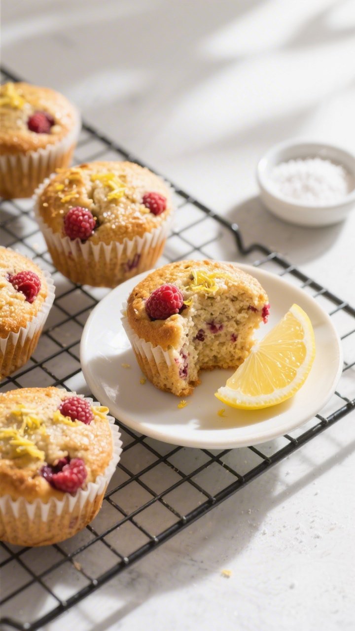 Final dish, tasty top view: Overhead shot of freshly baked Keto Lemon Raspberry Muffins cooling on a
