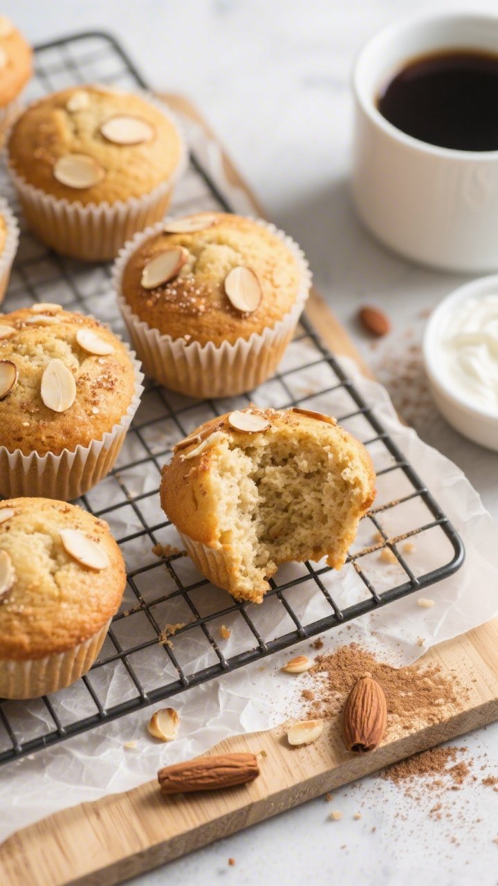Final dish, tasty top view: Overhead shot of freshly baked Keto Vanilla Almond Muffins on a cooling