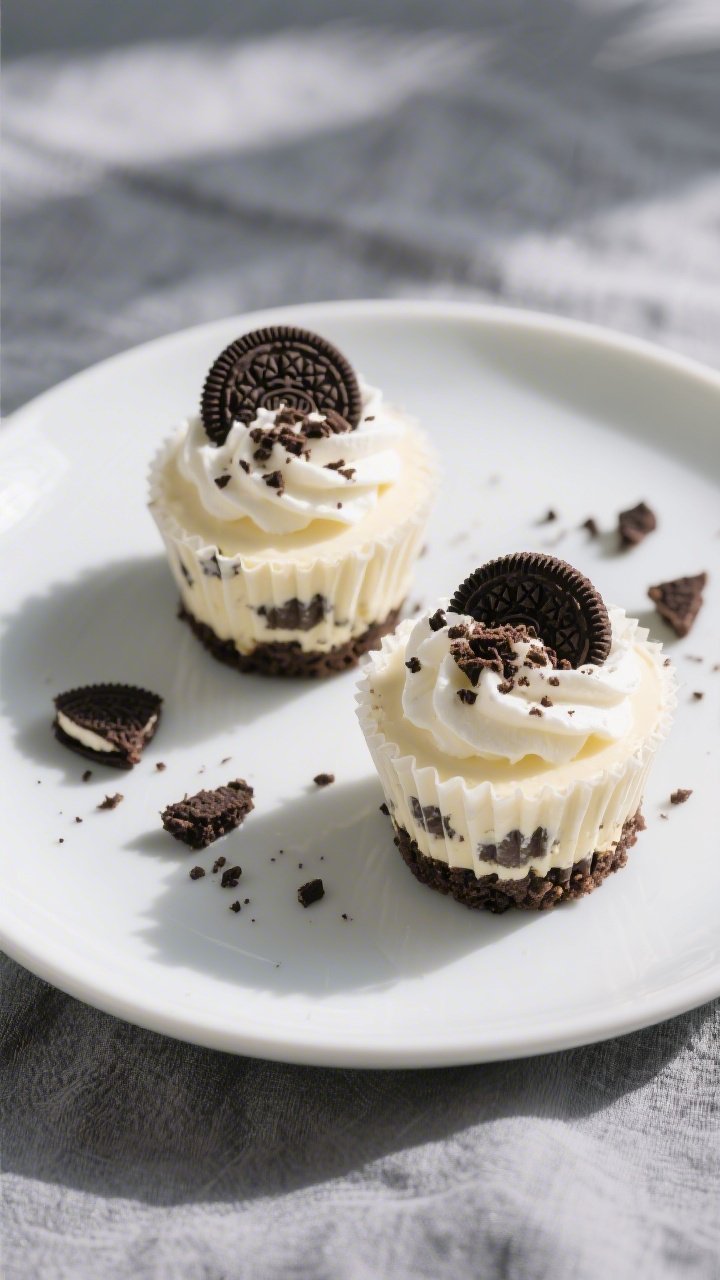 Final dish, tasty top view: Overhead shot of plated High Protein Oreo Cheesecake Cups, liners peeled