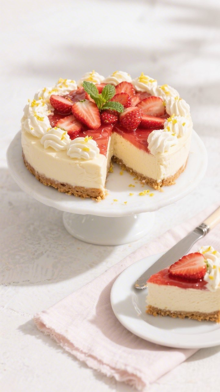 Final dish, tasty top view: Overhead shot of the assembled Low-Calorie Strawberry Shortcake Cheeseca