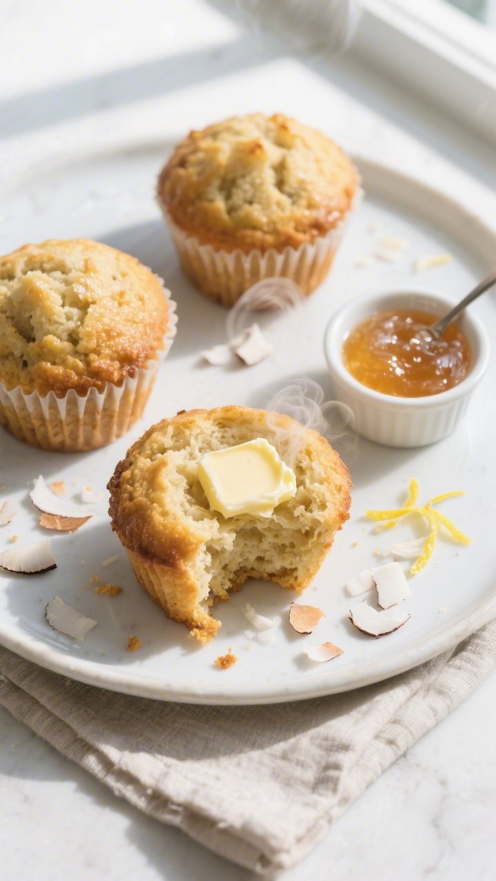Final dish, tasty top view: Overhead shot of three keto coconut muffins on a matte white plate, one