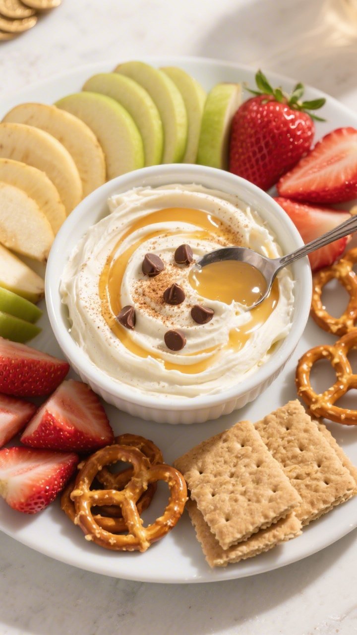 Final dish/top-down party platter: Overhead shot of the finished protein cream cheese frosting dip i
