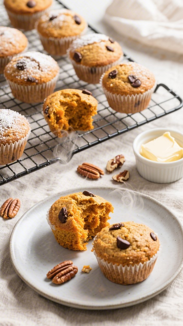 Final dish top-view: Overhead shot of a wire rack holding freshly baked keto pumpkin spice muffins d