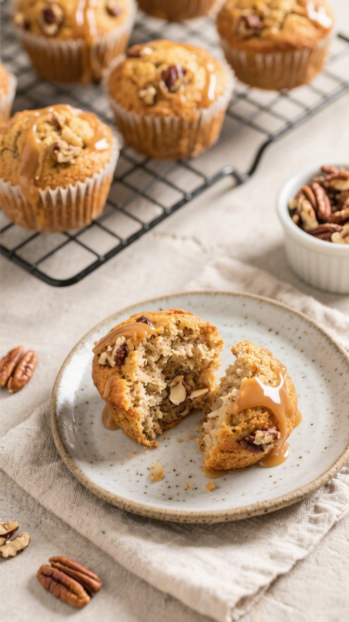 Final dish/top view: Overhead shot of freshly baked Keto Maple Pecan Muffins cooled on a wire rack, 