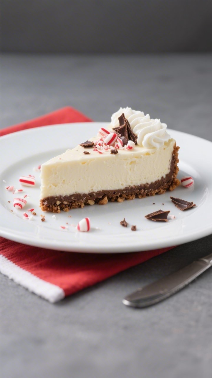 Final plated, festive overhead: Overhead shot of a cleanly sliced wedge of low-calorie peppermint ch