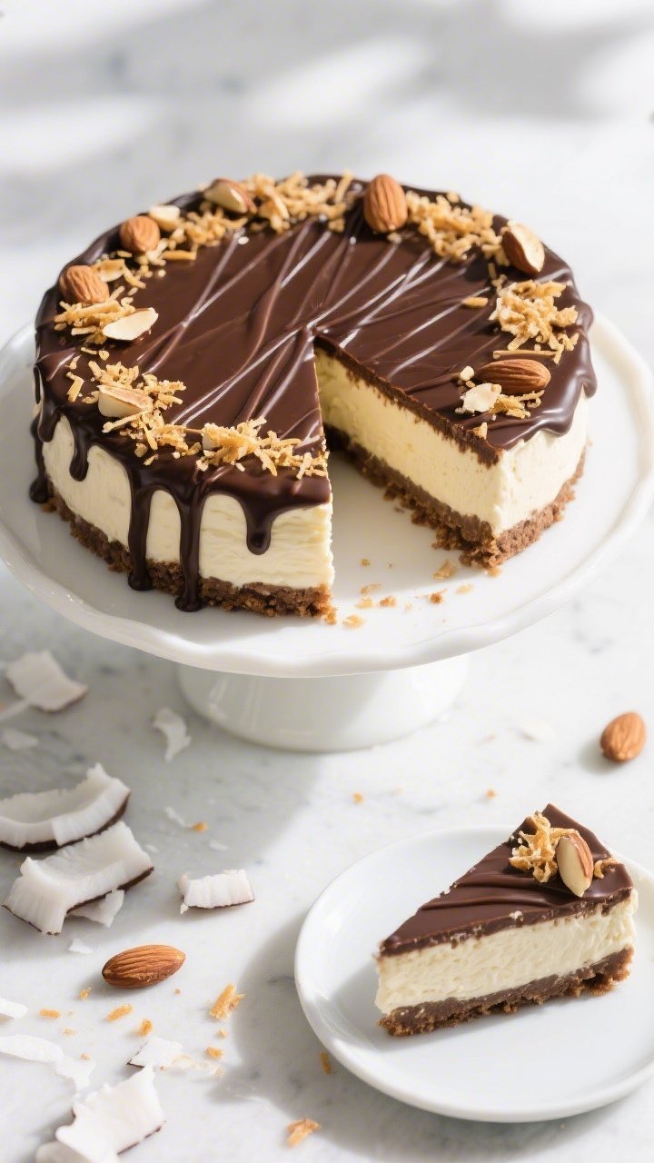 Final plated overhead: Fully chilled and garnished Almond Joy cheesecake on a white cake stand, neat