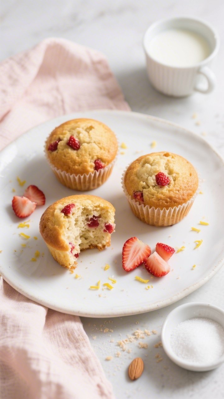 Final plated overhead shot: An of three keto strawberry muffins arranged on a white ceramic plate, o