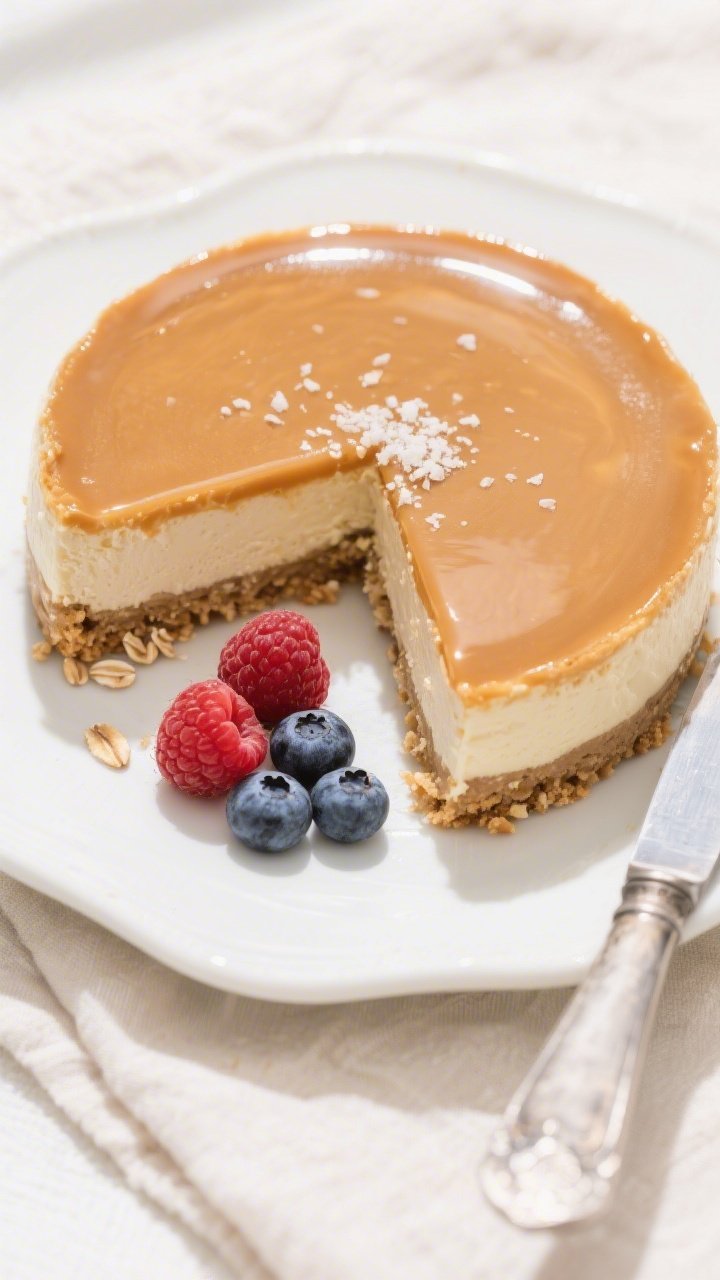 Final plated/overhead shot: Chilled low-calorie caramel cheesecake on a thin oat–almond crust, top