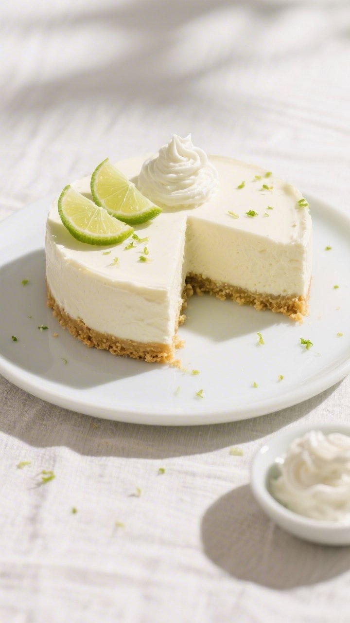 Final plated overhead shot: Chilled low-calorie key lime cheesecake sliced cleanly with sharp edges,