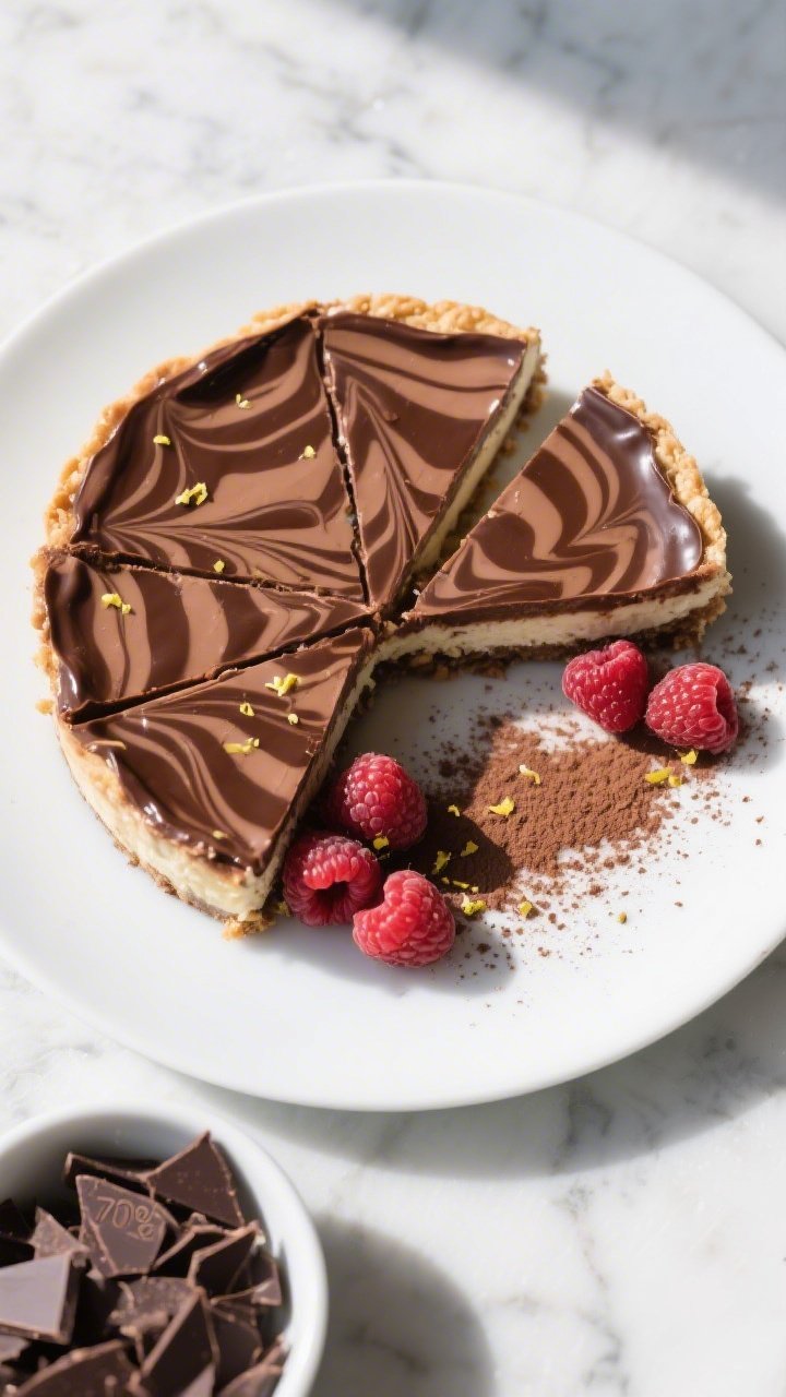 Final plated overhead shot: Fully chilled Low-Calorie Chocolate Swirl Cheesecake sliced cleanly with