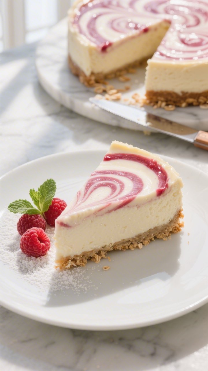 Final plated/overhead shot: Low-calorie raspberry swirl cheesecake fully set and chilled, sliced cle
