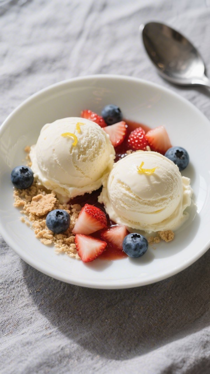 Final plated overhead: Tasty top-down shot of two perfectly round scoops of low-calorie cheesecake i