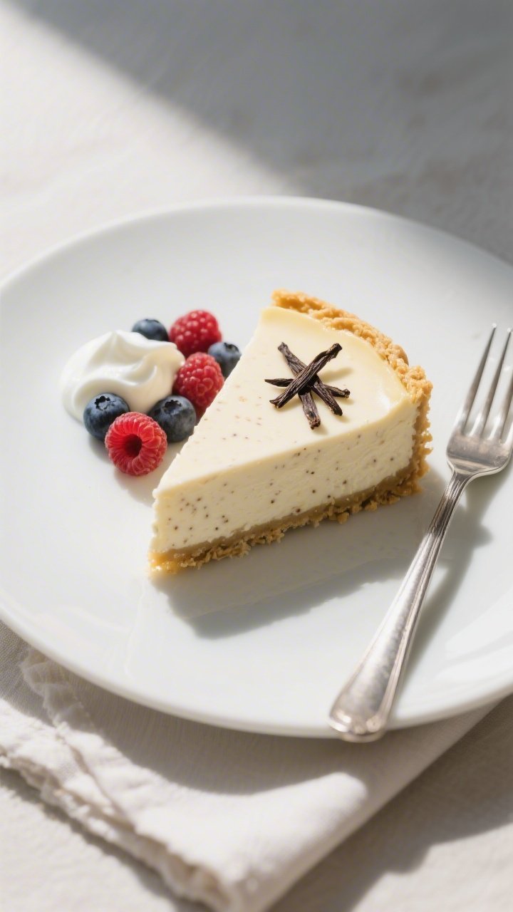 Final plated overhead: Top-down shot of a cleanly sliced wedge of Low-Calorie Vanilla Bean Cheesecak