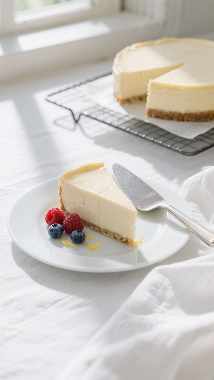 Final plated, top-down presentation: Overhead shot of a chilled, crustless 3-ingredient cheesecake w