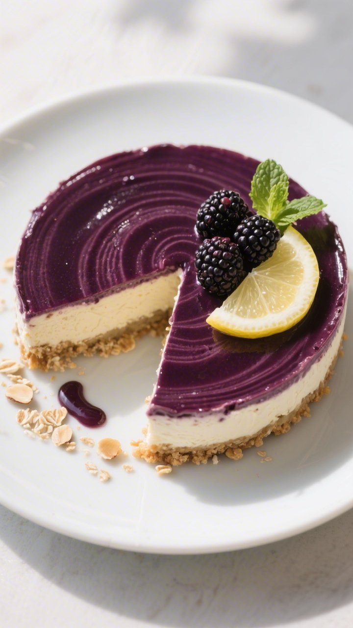 Final plated top view: Chilled and sliced low-calorie blackberry cheesecake on a matte white plate, 