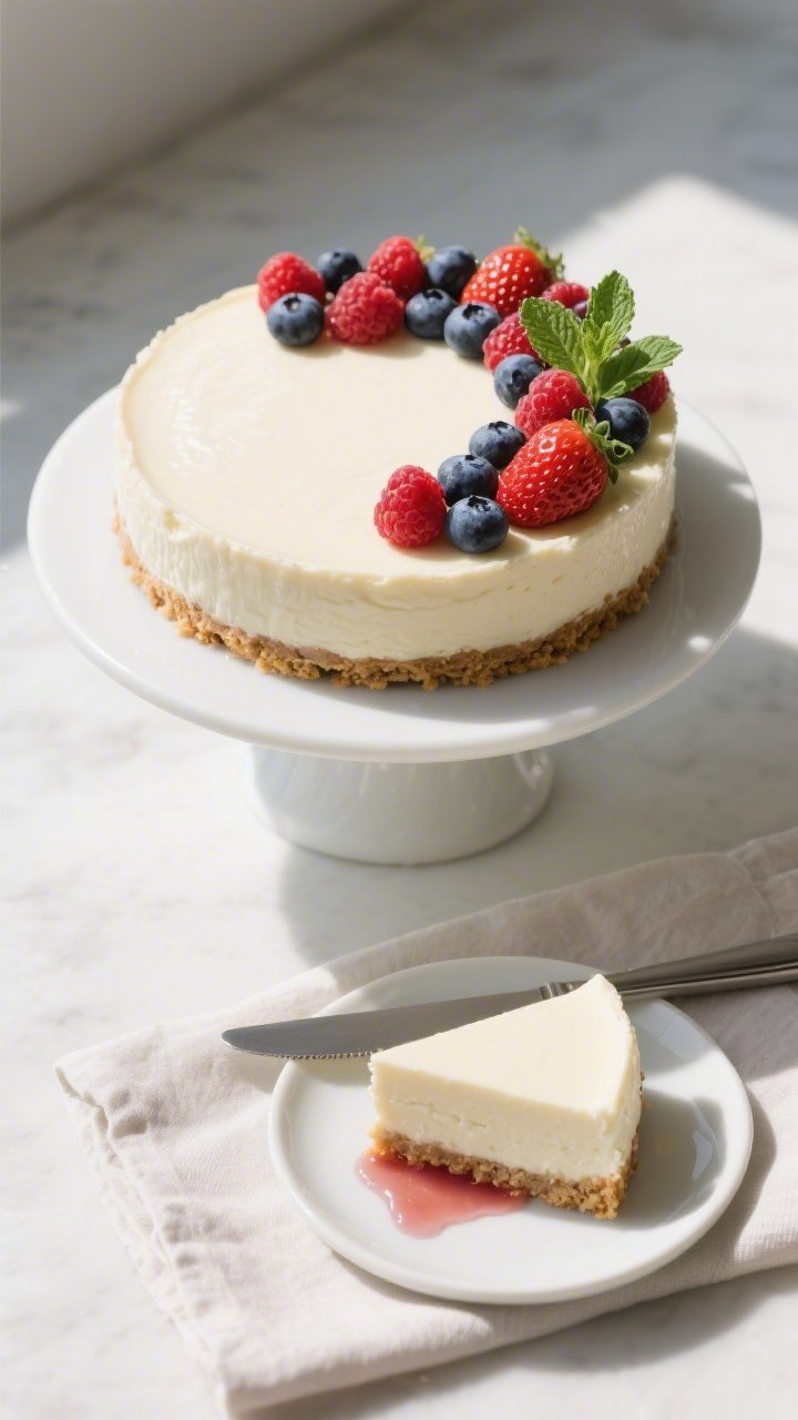 Final plated top view: Overhead shot of a fully set low-calorie no-bake cheesecake on a matte white