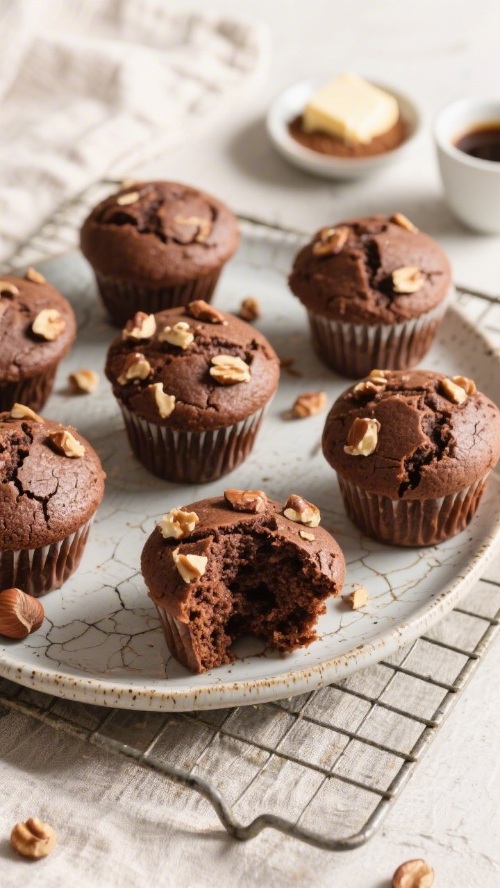 Final presentation: overhead shot of freshly baked keto hazelnut chocolate muffins on a cooling rack