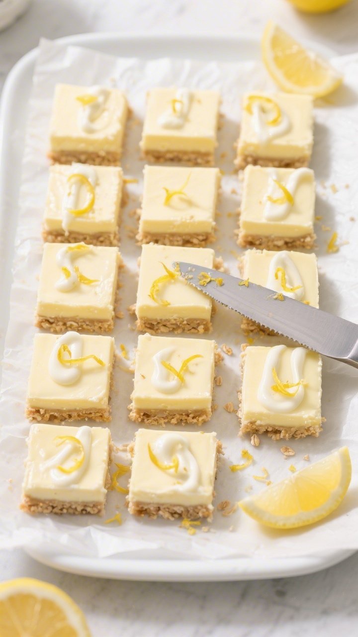 Final presentation/overhead shot: Sliced lemon cheesecake bars (12 clean squares) arranged on a whit