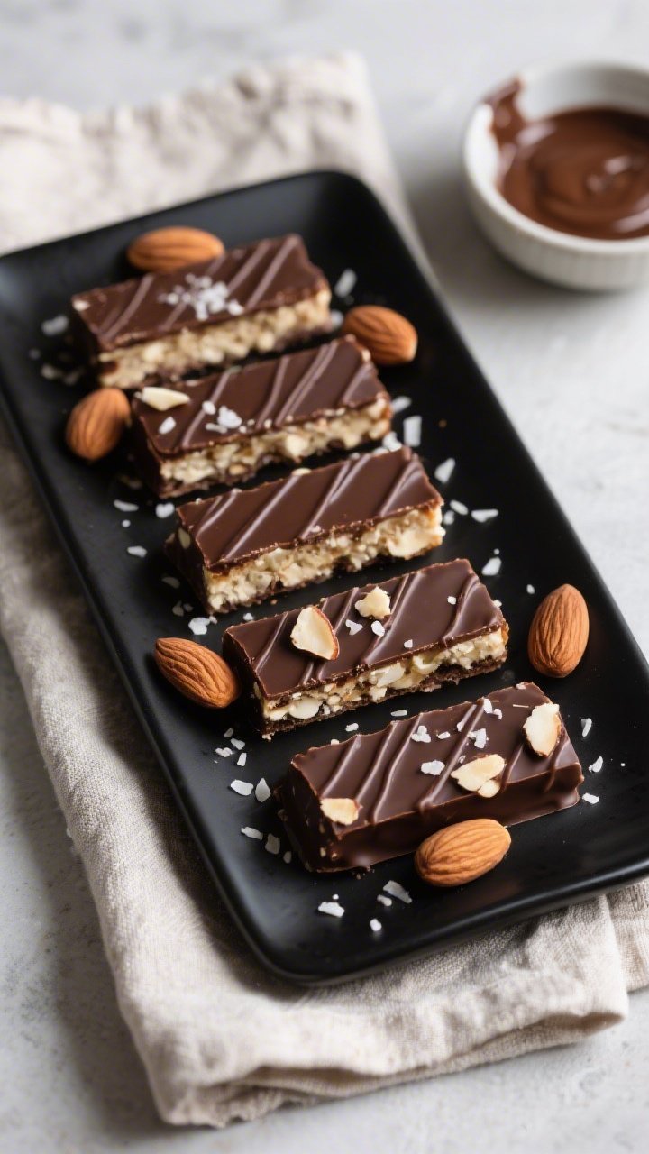 Final presentation top view: Overhead shot of neatly arranged High Protein Almond Joy Bars on a matt