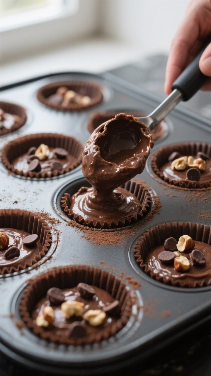 Keto hazelnut chocolate muffin batter being portioned into a lined 12-cup tin, captured mid-process: