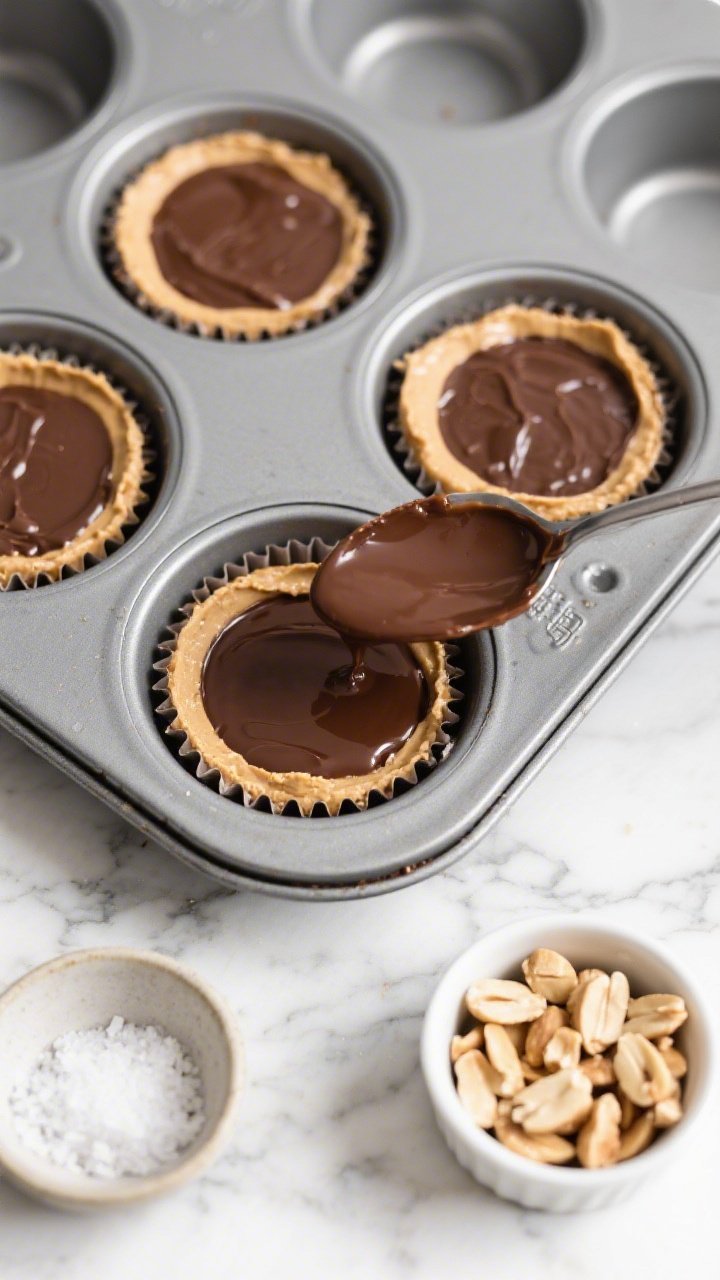 Overhead cooking-process shot of a lined muffin tin on a cool white marble surface showing the assem