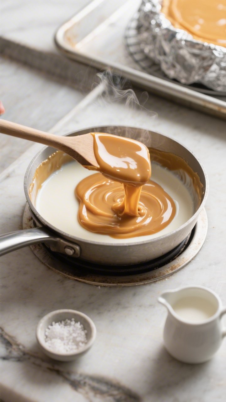 Overhead cooking-process shot of the light salted caramel in a small saucepan mid-simmer: silky, lig