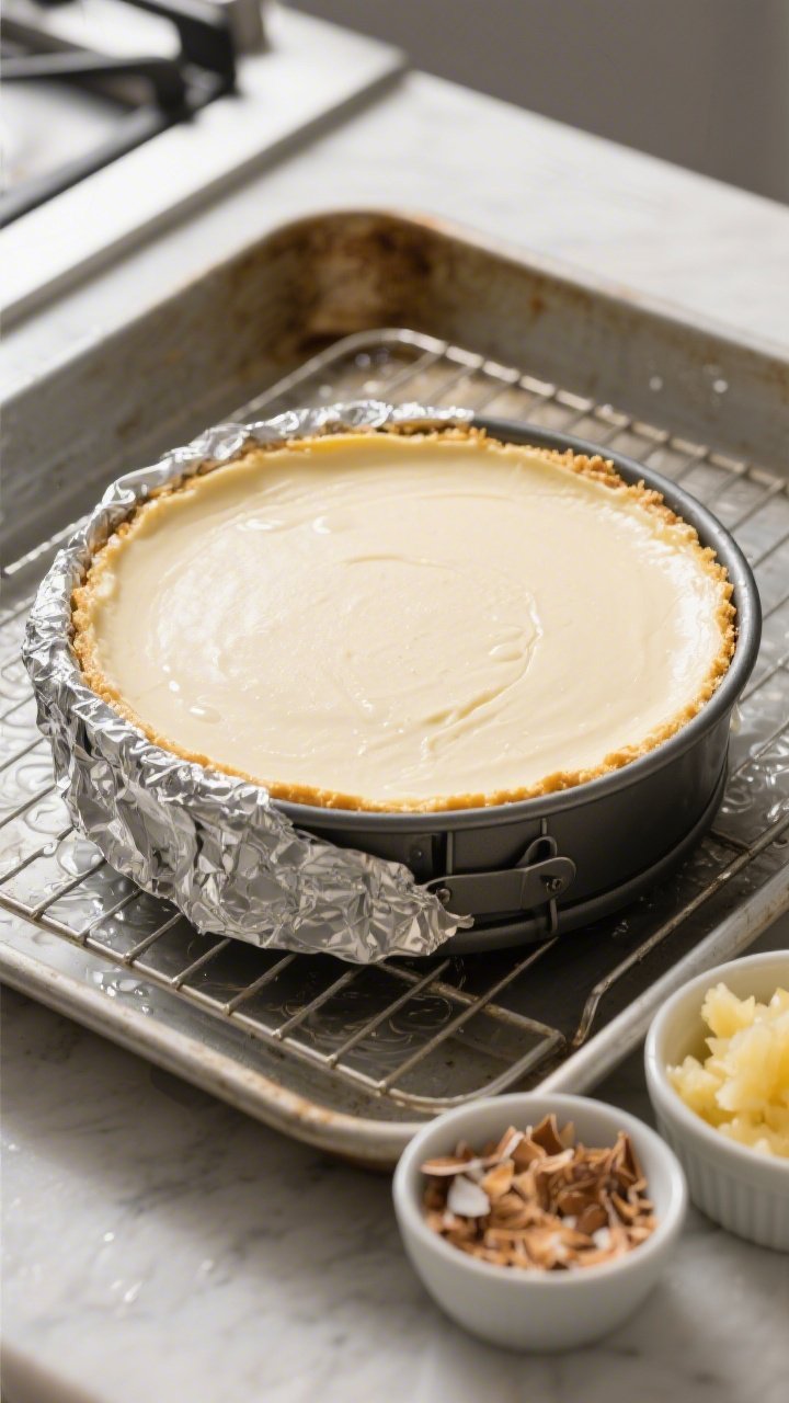 Overhead cooking-process shot: The baked cheesecake still in the 9-inch springform pan on a cooling