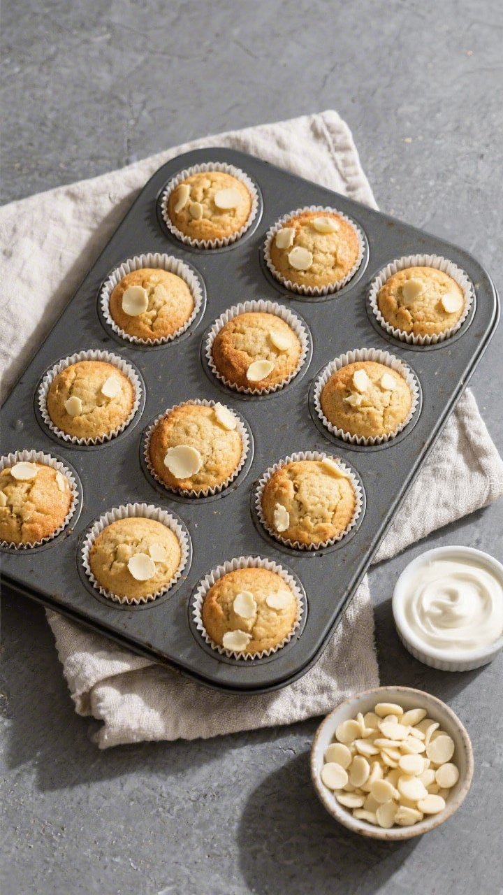 Overhead final presentation: A 12-cup muffin tin filled with baked keto white chocolate muffins just