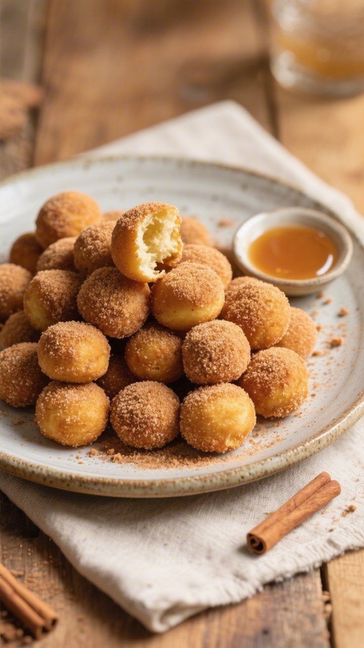 Overhead final presentation: a rustic ceramic plate piled with high-protein cinnamon sugar donut hol