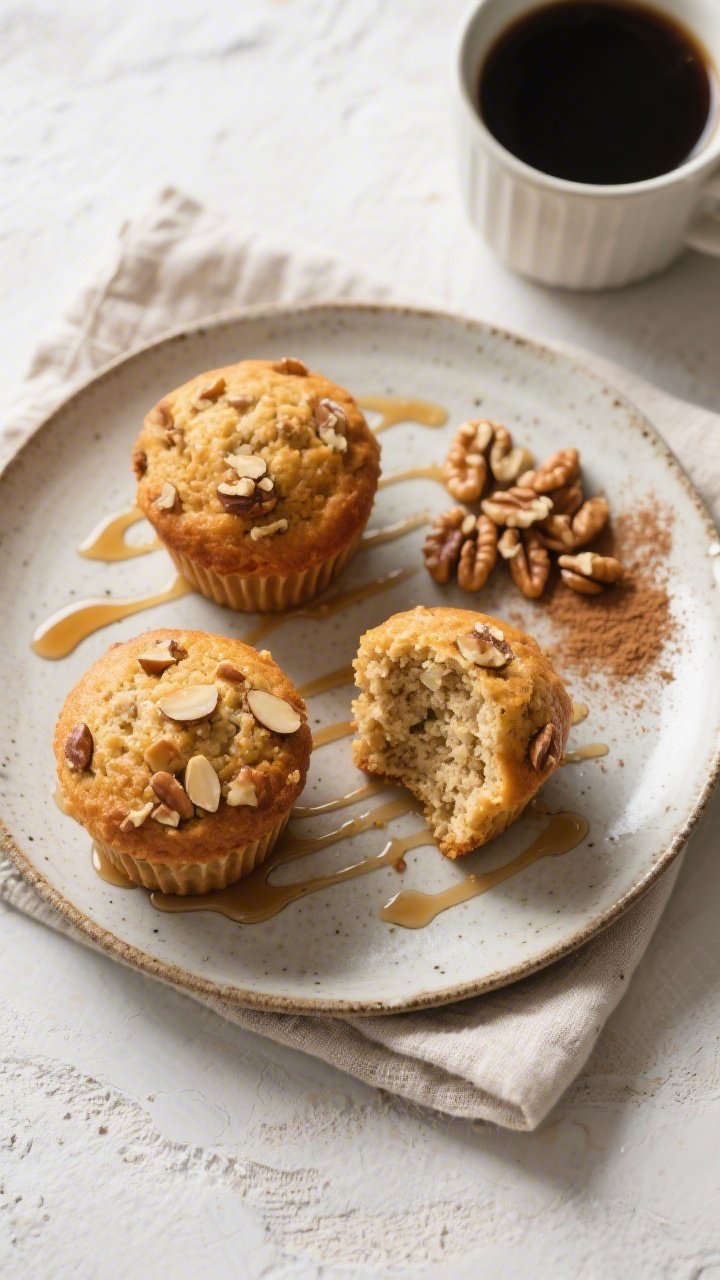 Overhead final presentation: A rustic ceramic plate with three keto maple walnut muffins, one split 
