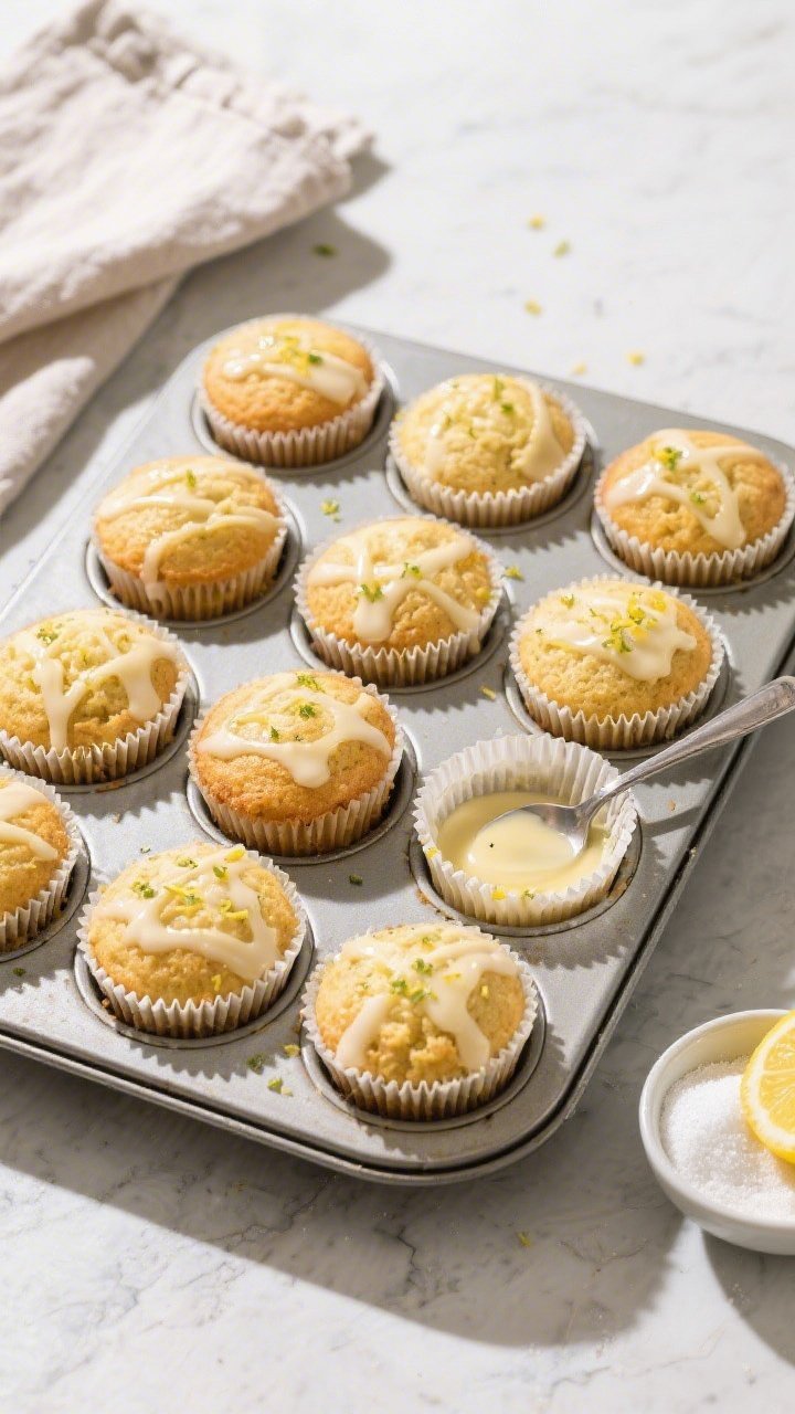 Overhead final presentation: A tidy 3x4 grid of golden keto lemon muffins in their paper liners insi