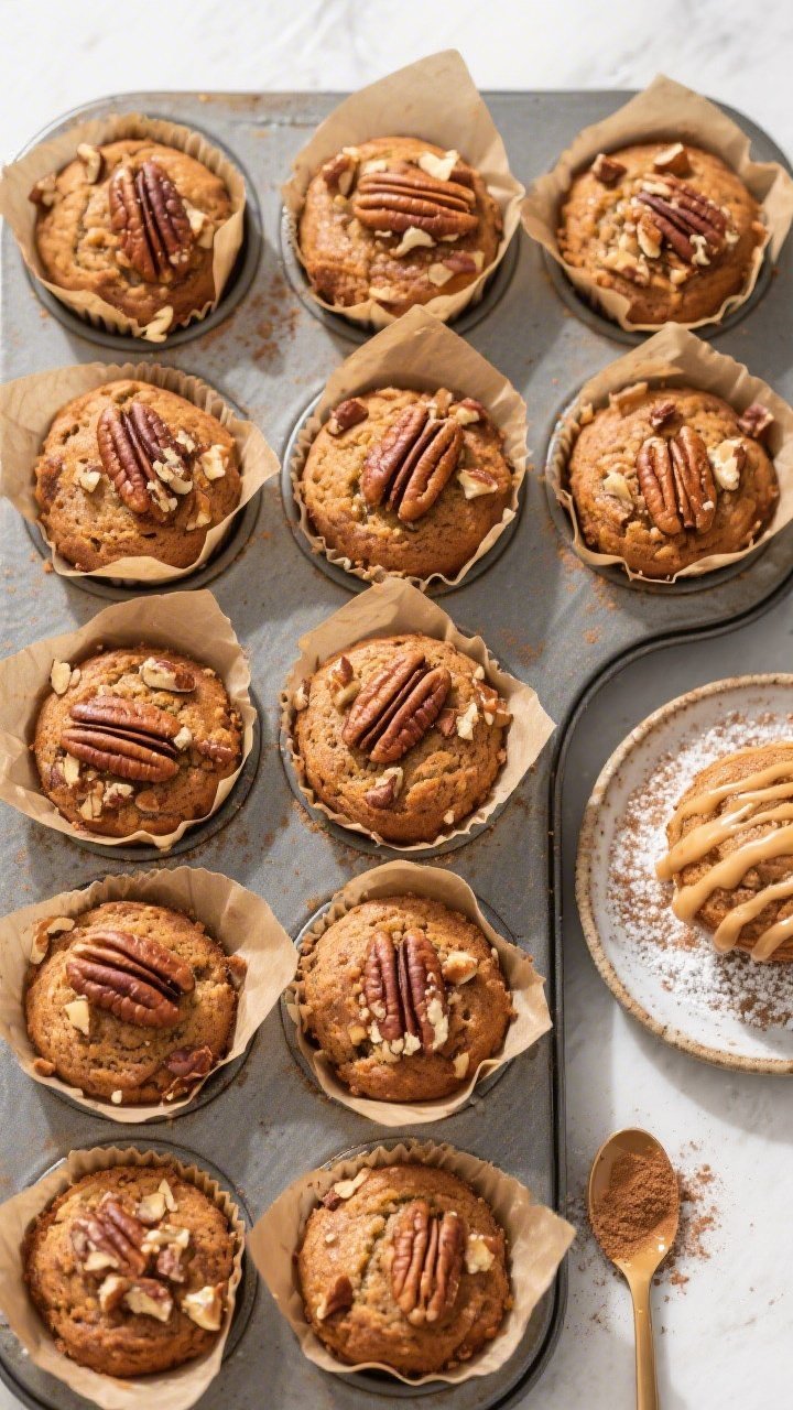 Overhead final presentation: Bakery-style arrangement of 12 keto pecan cinnamon muffins in a parchme