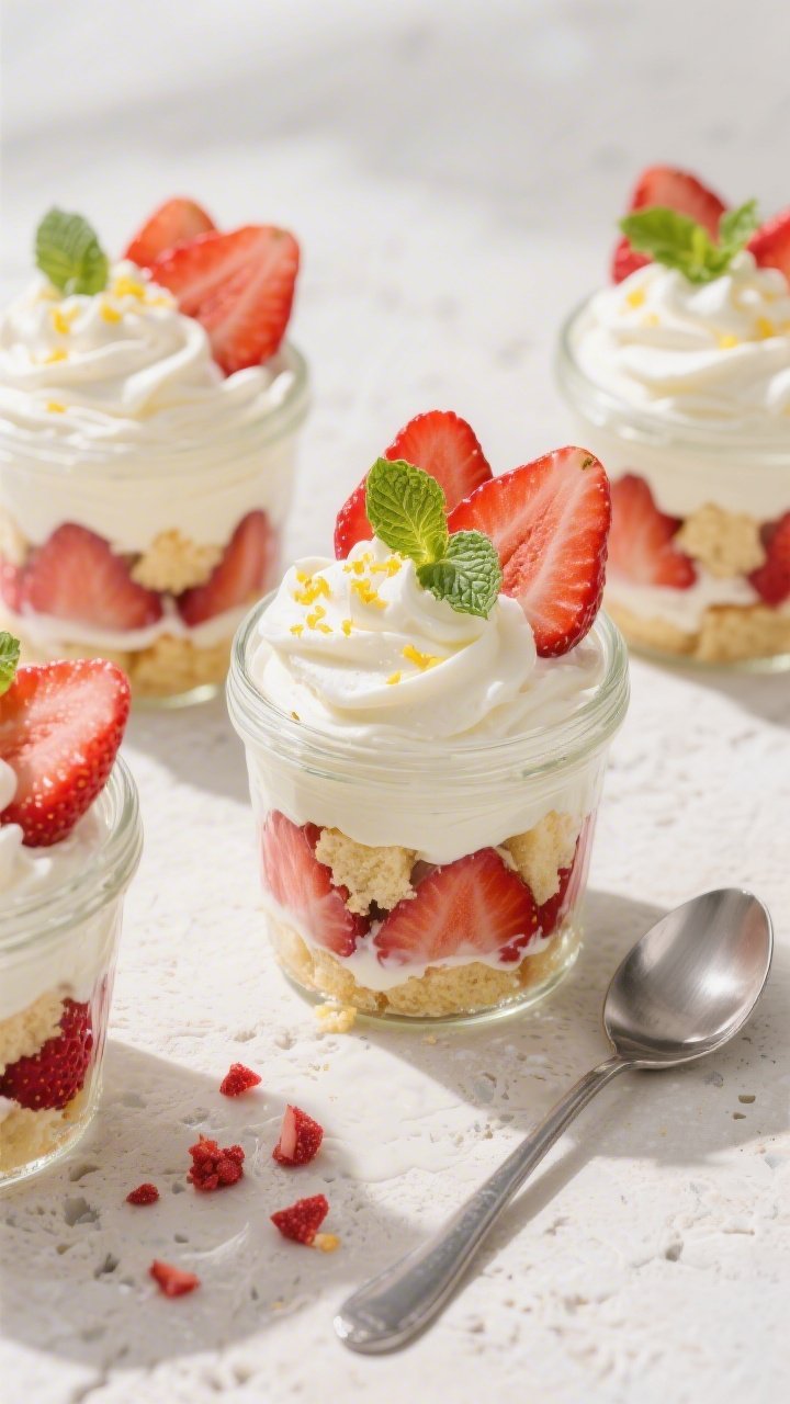 Overhead final presentation: High Protein Strawberry Shortcake Cups fully assembled in individual cl