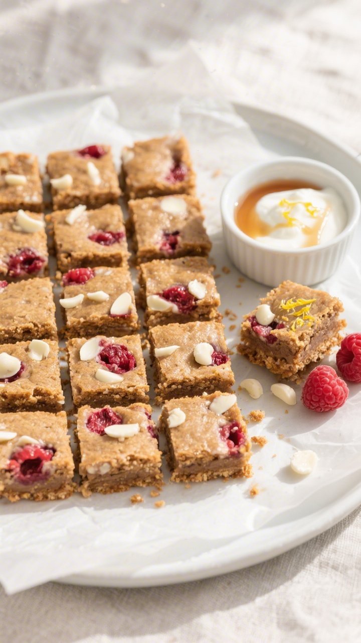 Overhead final presentation: Neatly cut 12 squares of Protein White Chocolate Raspberry Blondies arr
