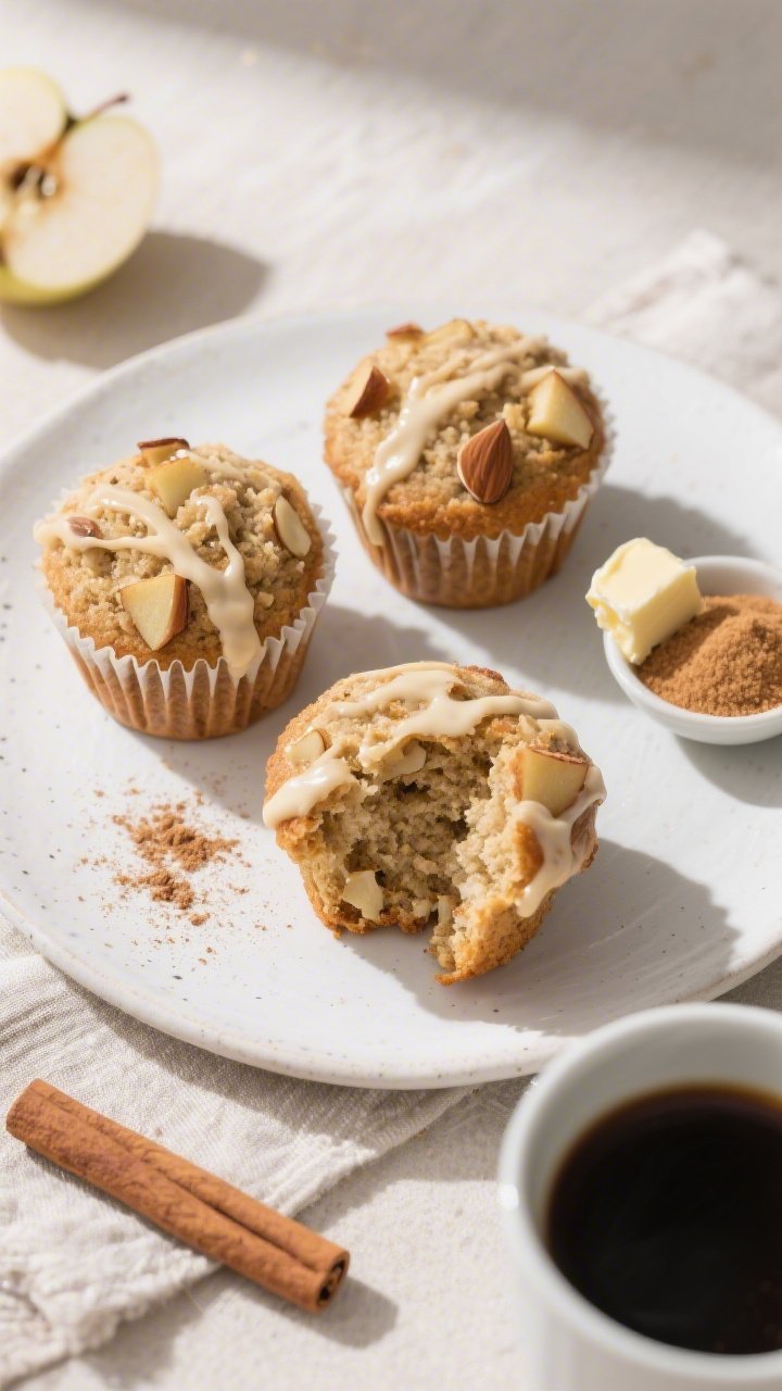 Overhead final presentation of 3 keto apple cinnamon muffins on a matte white plate with a small dis